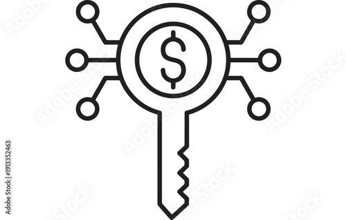 Key icon with dollar sign and connected nodes, depicting fintech security, digital banking access, cryptocurrency wallet protection, and secure payment technology