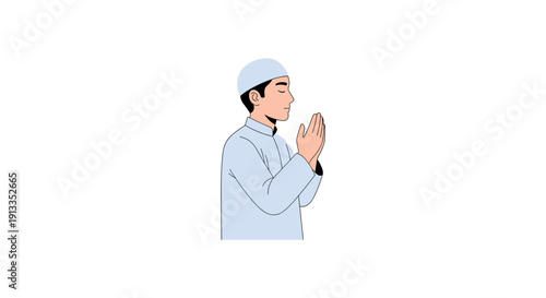Man Praying in White Robe with Hands Together in Serene Illustration