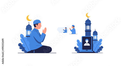 Man Praying with Mosque Elements and Mobile Phone Illustration
