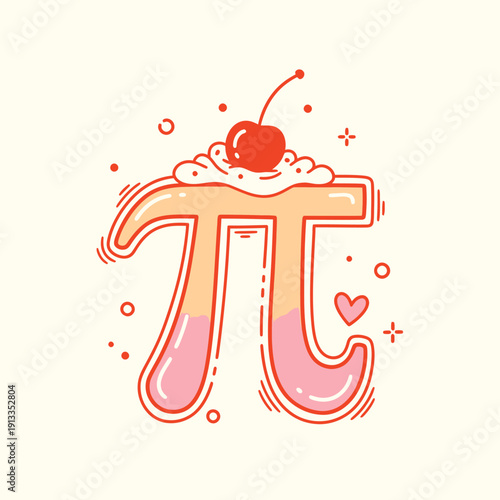 Illustration of pi symbol made of pie with cherry on top and whipped cream