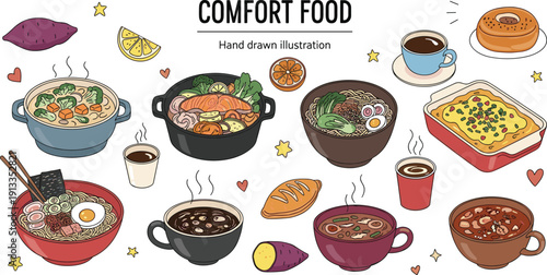 Hand drawn comfort food vector set. Cozy illustrations of ramen, hearty stew, salmon pot, baked lasagna, and hot coffee. Warm seasonal dishes for autumn and winter designs.
