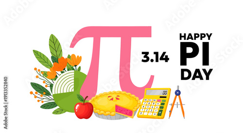 Happy Pi Day celebration with mathematical symbols and delicious pie and apple  math concept