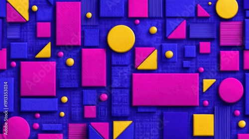 Abstract geometric pattern with vibrant pink, blue, and yellow 3D shapes arranged on a textured surface, creating a modern and colorful design.