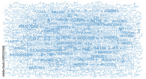 Complex mathematical equations and formulas in blue on white background