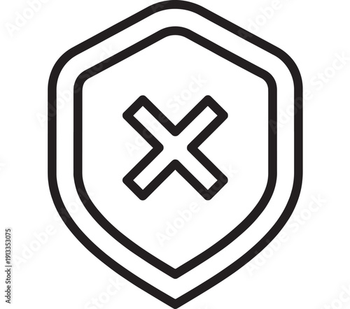 Shield icon with cross mark in bold outline, representing blocked security, access denied, protection failure, antivirus alert and privacy warning on white background.