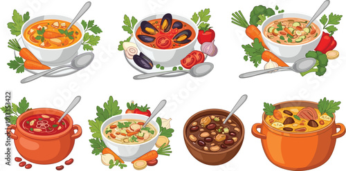 Hearty homemade soup and stew vector set. Delicious bowls of minestrone, seafood bouillabaisse, and lentil soup with fresh vegetables. Culinary illustrations for restaurant menus.
