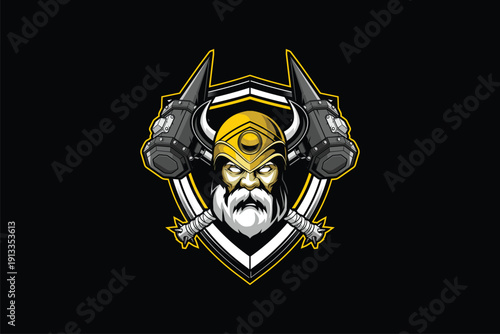 Warrior with cross mallet badge shield logo vector image template