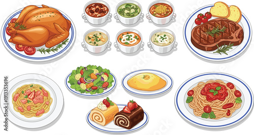 Gourmet dinner and soup vector set. Delicious roasted chicken, grilled steak with rosemary, spaghetti bolognese, fresh garden salad, and assorted vegetable soups. Premium food illustrations.