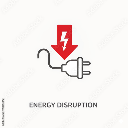 A minimalist icon representing an energy disruption, power outage, or blackout. Features a disconnected plug and a red warning arrow.. Vector illustration