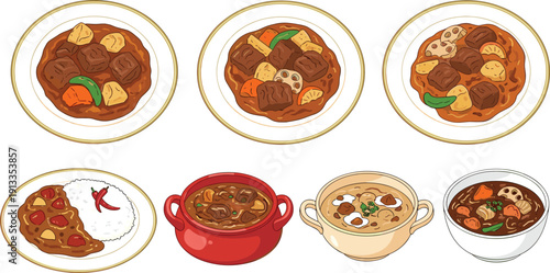 Gourmet meat stew and curry vector set. Delicious slow cooked beef, hearty japanese curry with rice, and vegetable braised meat dishes. Professional food illustrations for menus.