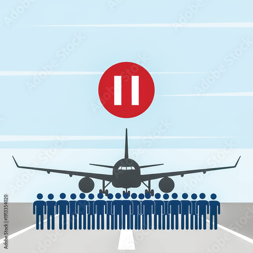 Conceptual illustration of air travel on hold. A plane and passengers are paused on the runway, symbolizing flight cancellations, delays, or strikes. Vector illustration