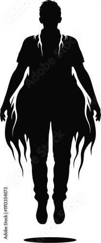 Silhouette of a man with flames emanating from his body in a powerful pose illustration