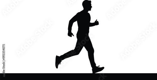 Silhouetted man in motion, running with purpose and determination in a dynamic stride outdoors.