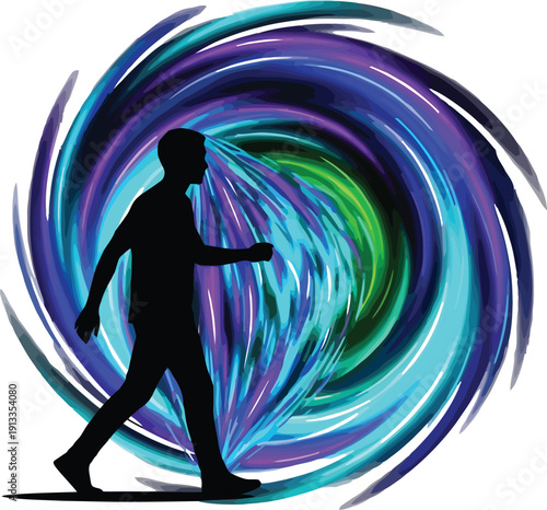 Silhouette of a man walking through a vibrant swirling tunnel of colorful lights and energy