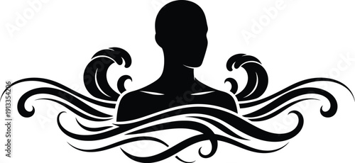 Elegant black silhouette of a person surrounded by flowing decorative waves on a white background