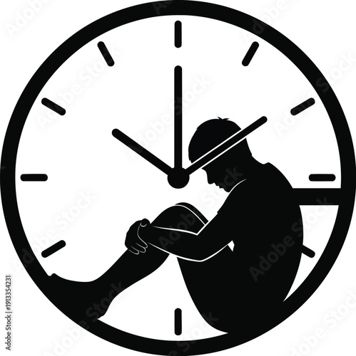 A silhouette of a man sitting inside a clock face with his hand on his head
