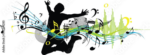 Energetic silhouette of a person dancing surrounded by vibrant musical notes and sound waves freely