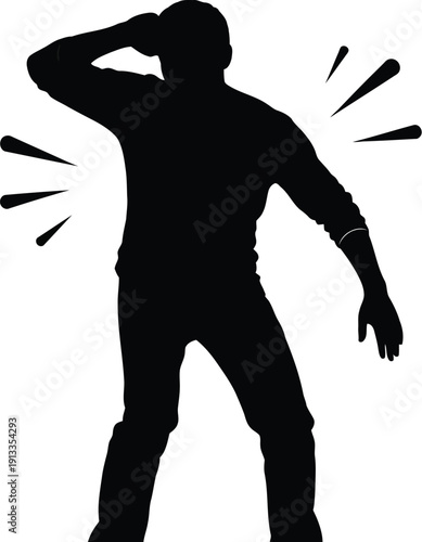 Silhouetted man standing with hand on head in a gesture of frustration or stress