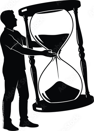 Man standing beside large hourglass symbolizing time management and productivity in daily life and work