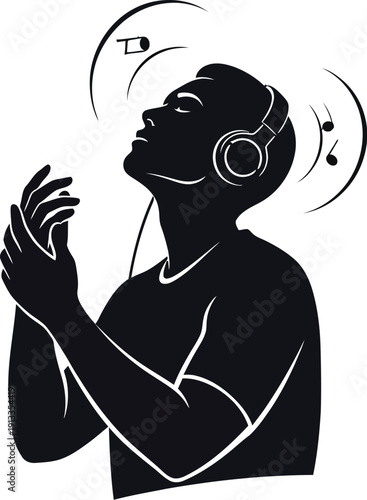 Person enjoying music with headphones relaxed expression and rhythmic movements in a simple graphic