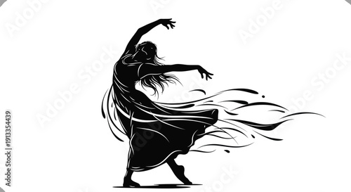 Elegant silhouette of a dancing woman with flowing hair and dress in a dynamic pose