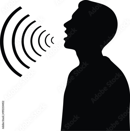 Silhouette of a man speaking with sound waves emanating from his mouth in a simple illustration