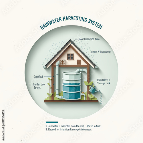 Paper craft style infographic of a sustainable rainwater harvesting system. Shows collection from a roof into a storage tank for reuse. Vector illustration