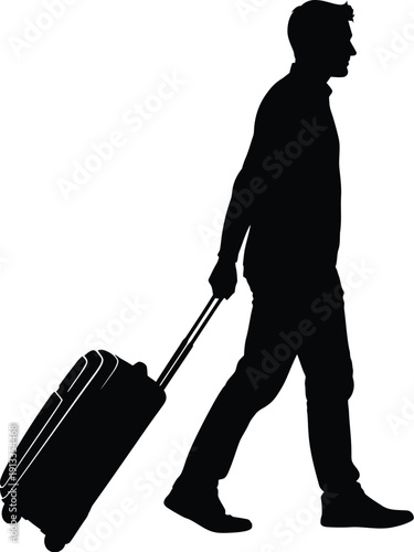 Silhouetted man walks with suitcase in a professional and travel-oriented pose confidently forward