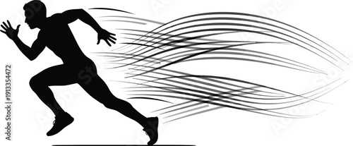 Dynamic silhouette of a male runner in motion with flowing motion lines and energetic design