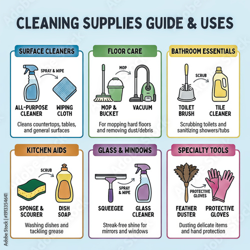 A visual guide to essential cleaning supplies, categorized by use for surfaces, floors, bathroom, kitchen, glass, and specialty cleaning tasks.. Vector illustration
