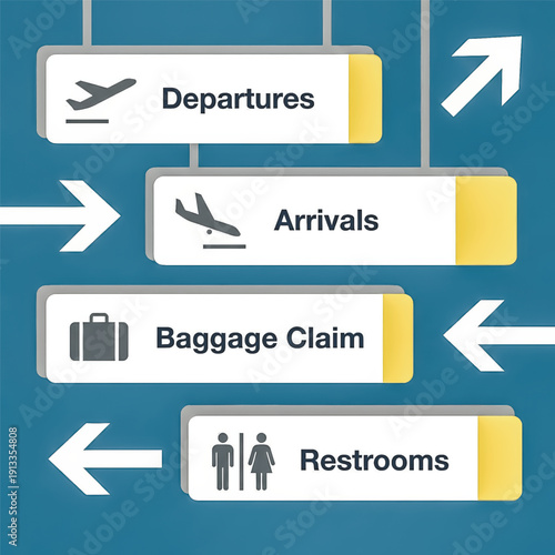 Vector illustration of airport information signs. Passenger navigation for flight departures, arrivals, baggage claim, and restrooms. Travel concept.. Vector illustration