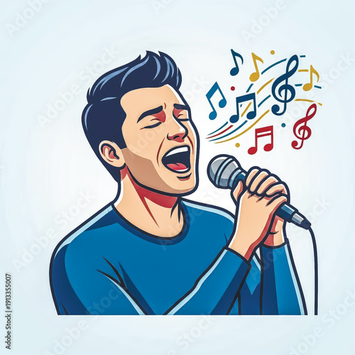  young man singing passionately into a microphone. Colorful musical notes represent his voice and song. Perfect for music, karaoke, performance, and talent concepts. Vector illustration