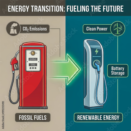 Vector illustration comparing a fossil fuel gas pump to a renewable energy EV charger. A concept for the future of sustainable transportation. Vector illustration