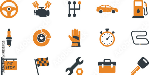 A collection of orange and black automobile repair icons on a white background viewed from directly above, illustrating various car maintenance tools and parts.