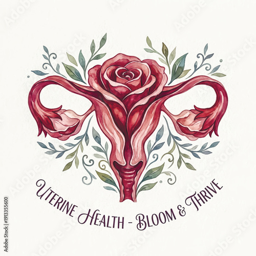 Beautiful watercolor illustration of the female reproductive system as a blooming rose, symbolizing uterine health, wellness, and feminine vitality. Vector illustration