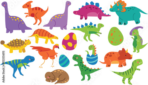 Vibrant dinosaurs illustration collection featuring various prehistoric creatures and eggs in a playful arrangement