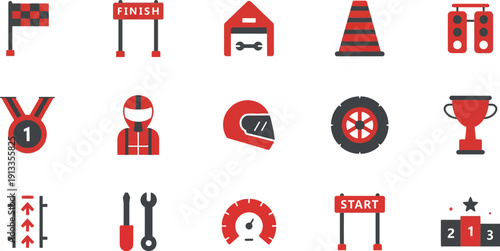 Racing icons collection featuring racing elements, motorsport symbols, and competition graphics in red and black hues, showcasing various racing themes and elements.