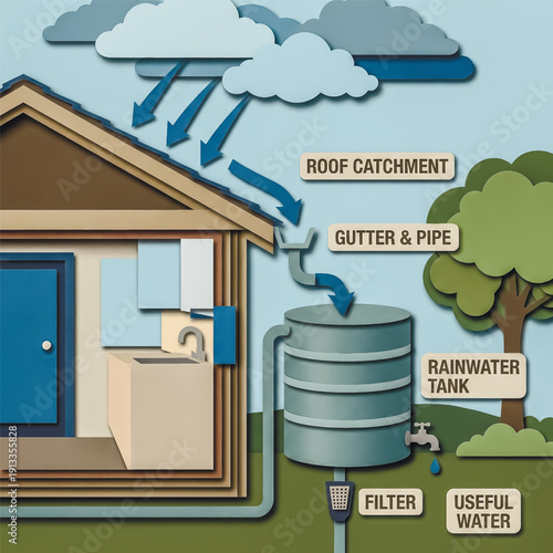 Papercraft diagram showing rainwater collection from a roof, through gutters and a filter, into a storage tank for reuse. Sustainable living concept. Vector illustration