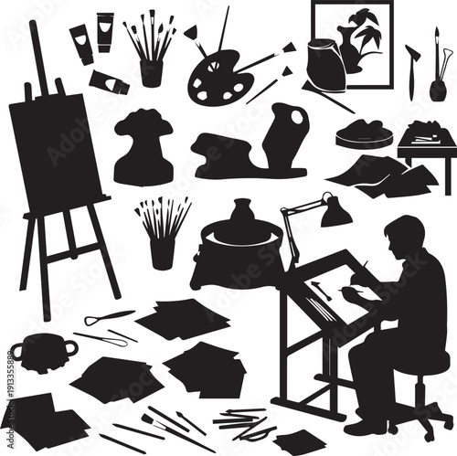 Creative workspace with artist at work surrounded by tools