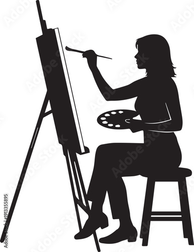 Artist painting on canvas with brush and palette