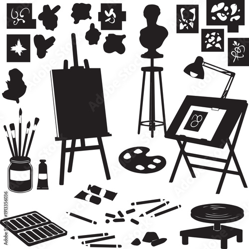 Artist workspace with easels and painting supplies