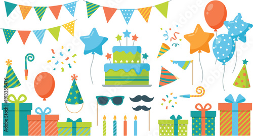 Vibrant party decorations and accessories arranged in a festive setting