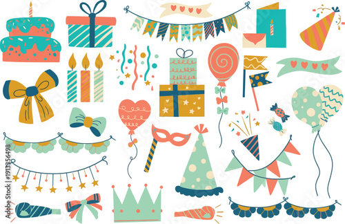 A vibrant celebration scene featuring party elements, gifts, and decorations from a straightforward viewpoint