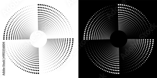 Modern abstract background. Halftone dots in circle form. Spiral logo, icon or design element. Black dots on a white background and white dots on the black side.