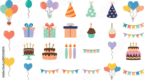 Colorful birthday celebration elements including cakes, gifts, balloons, and party hats arranged in a vibrant display of festive decorations and joyful treats.