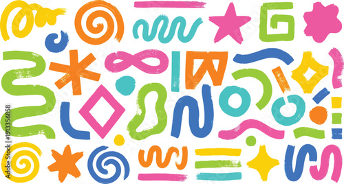 Vibrant abstract shapes and swirling patterns in a dynamic illustration featuring stars, spirals, and geometric forms in a playful, colorful arrangement viewed from a straightforward perspective.