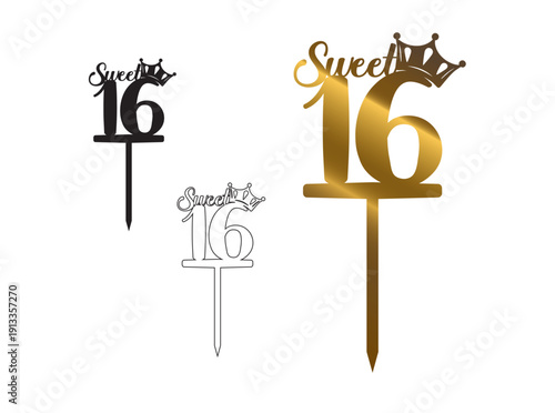 Sweet 16 Crown Cake Topper SVG, Princess Birthday Cutting File with Closed Contour for Cutting Machines