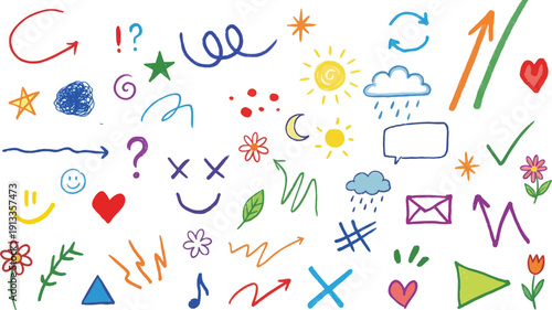 Colorful doodles of symbols and icons representing creativity and expression in a playful mixed media artwork viewed from directly above