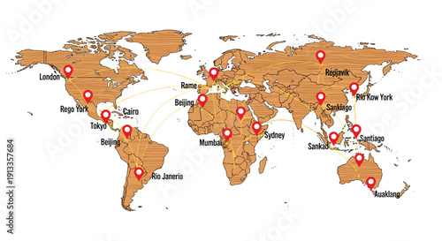 World map with red location pins highlighting major cities and yellow connecting lines.