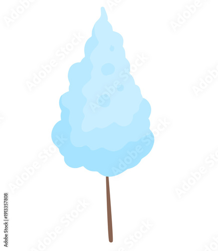 Blue cotton candy, sweet fluffy sugar treat on a stick isolated on white. Cartoon style illustration with bright colors and sugary texture.